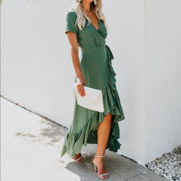 green ruffle wrap dress